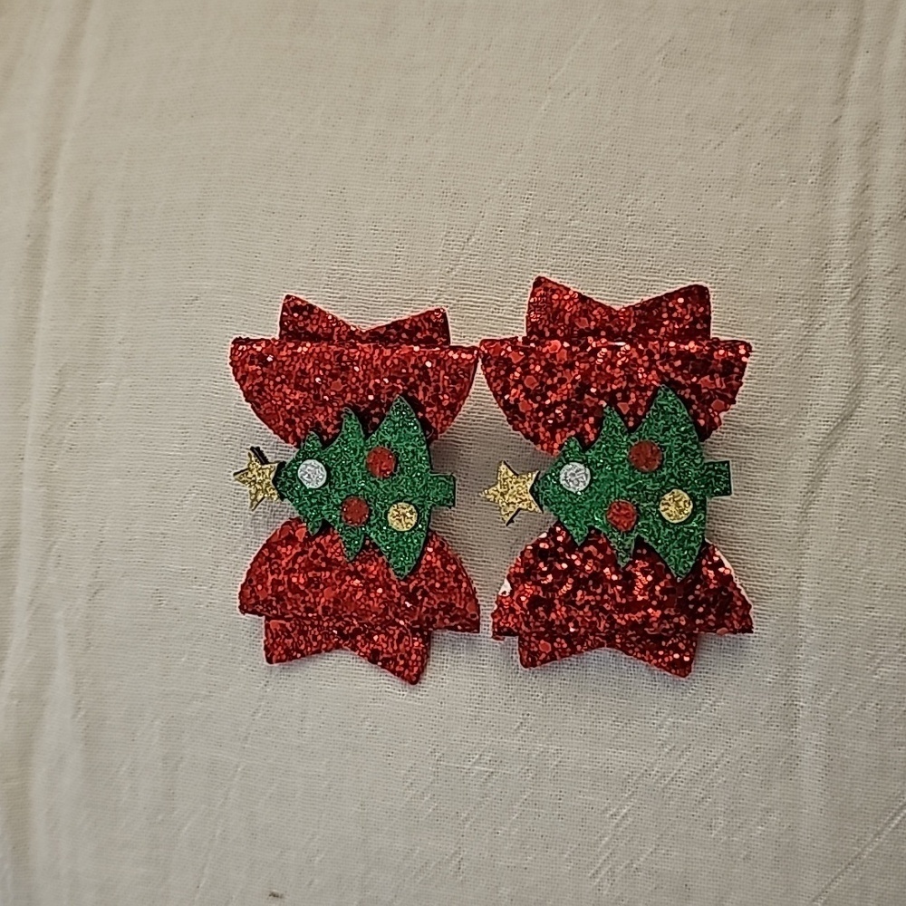 Christmas hair bow pair red bow with a green christmas tree